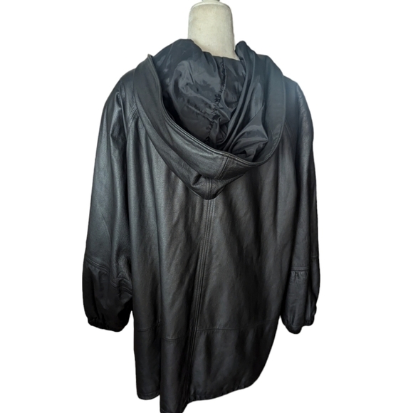 Leather Coat Vtg Venezia long black hooded leather zip front jacket  coat sz 26 - Picture 2 of 10